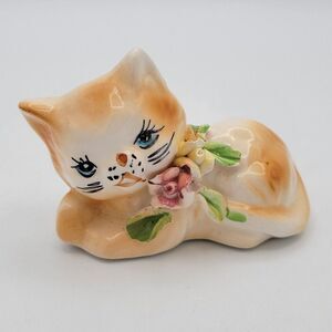 VintageSweet Kitty Cat Ceramic Figurine with Applied Flowers